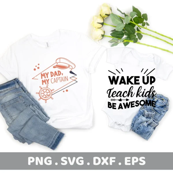 T-shirt and onesie mockup featuring "Teach Kids SVG" design, a digital file for Cricut and Silhouette projects.