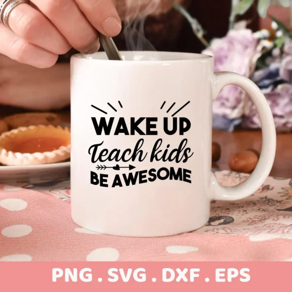Mug mockup with "Teach Kids" SVG design, part of digital download for crafting.