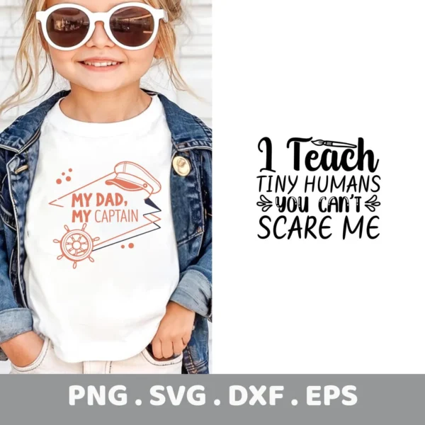 Child wearing t-shirt with "Teach Tiny Humans SVG" design. Digital download for Cricut, Silhouette.