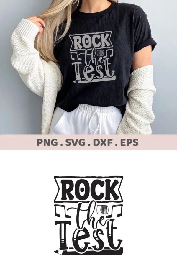 T-shirt mockup with "Rock the Test SVG" design, a digital file for student motivation projects.