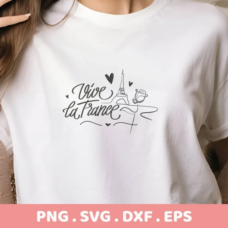 T-shirt mockup with "Vive la France" SVG design featuring Eiffel Tower, a digital file for Cricut.