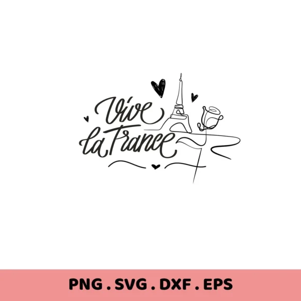 Vive la France SVG" design with Eiffel Tower and rose, a digital file for Cricut and Silhouette projects.