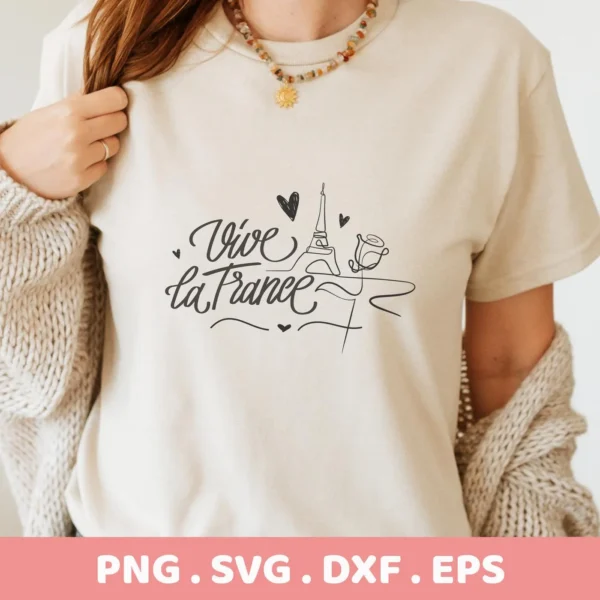 T-shirt mockup with "Vive la France" SVG design. Digital file for Cricut, Silhouette projects.