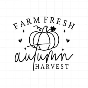 Black and white "Autumn harvest SVG" design with pumpkin graphic, a digital cut file for fall crafts.