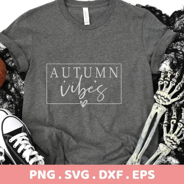 Autumn Vibes SVG" design on gray t-shirt mockup, a digital file for Cricut and Silhouette projects.