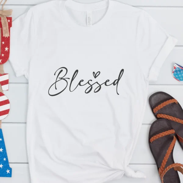 White t-shirt mockup with "Blessed" design. Blessed SVG file for Cricut, Silhouette, and other cutting machines.