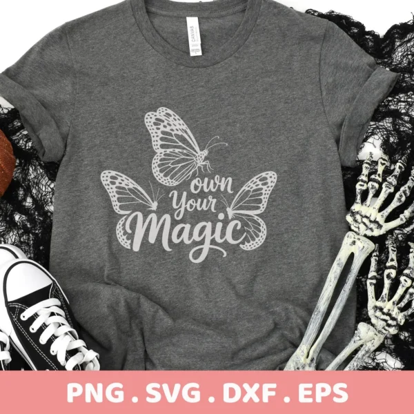 Gray t-shirt mockup with butterfly magic SVG design, a digital file for Cricut and Silhouette.