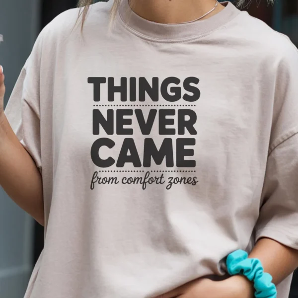 T-shirt mockup with "Comfort Zone SVG" design, a digital file for Cricut and Silhouette projects.