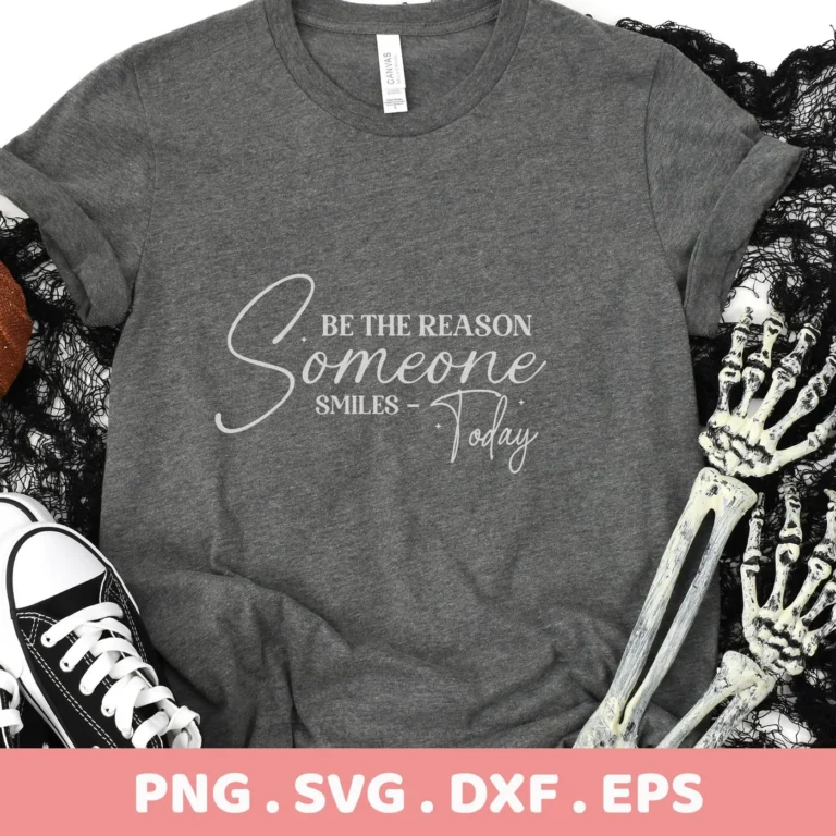 T-shirt mockup with "Someone Smiles" SVG design, a digital file for Cricut and Silhouette projects.