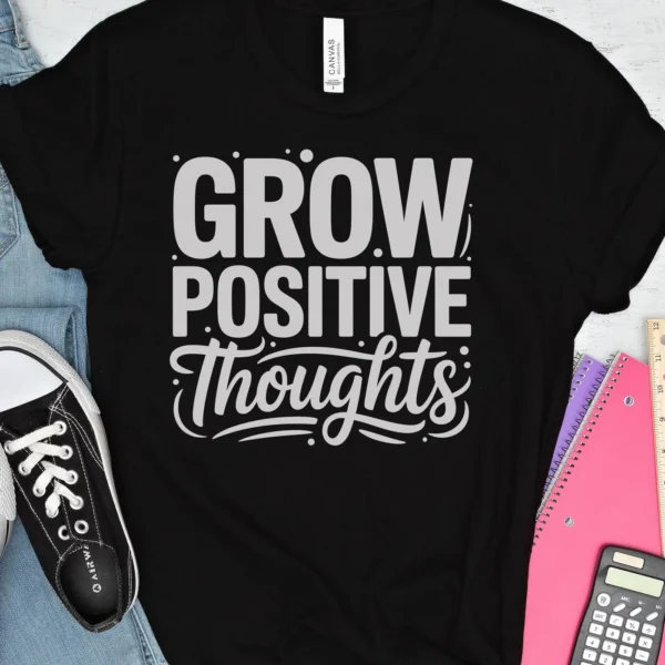 Black t-shirt with "Grow Positive Thoughts" design. Positive Thoughts SVG for Cricut, Silhouette projects.