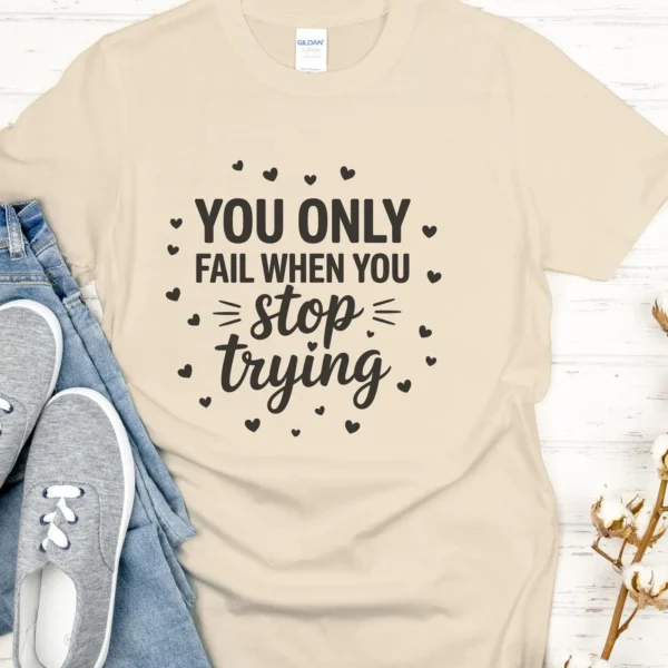 T-shirt mockup with "Stop Trying" SVG design, a digital file for Cricut and Silhouette projects.