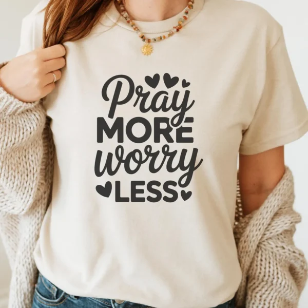 T-shirt mockup with "Pray More" SVG design, a digital file for Christian home decor crafts.