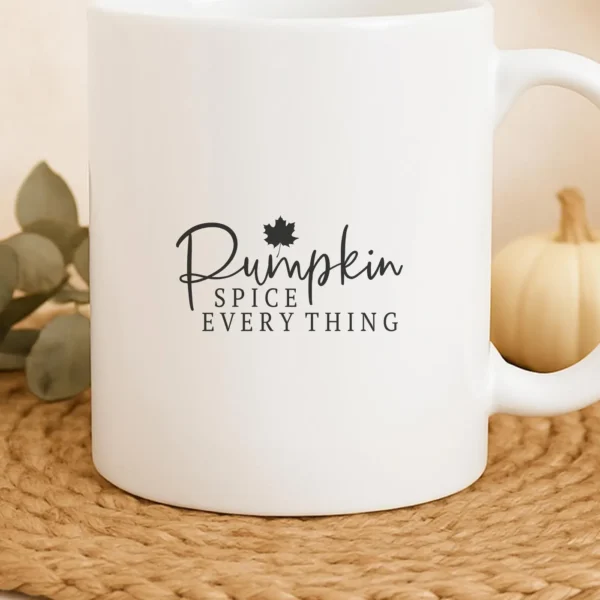 White mug featuring "Pumpkin Spice" design, a digital Pumpkin Spice SVG cut file for Cricut and Silhouette crafting.