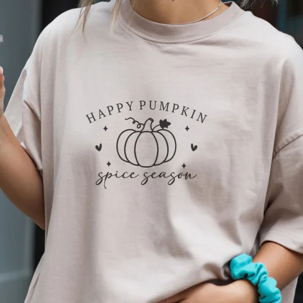 T-shirt mockup with "Happy Pumpkin Spice Season" design. Pumpkin spice SVG for Cricut, Silhouette.