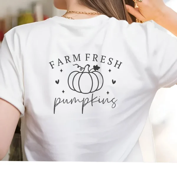 White t-shirt mockup with "Farm Fresh Pumpkin Patch" SVG design, a digital cut file for Cricut and Silhouette.