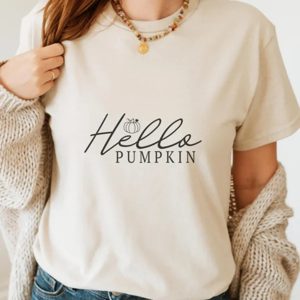 T-shirt mockup with "Hello Pumpkin" SVG design, a digital file for fall crafts.