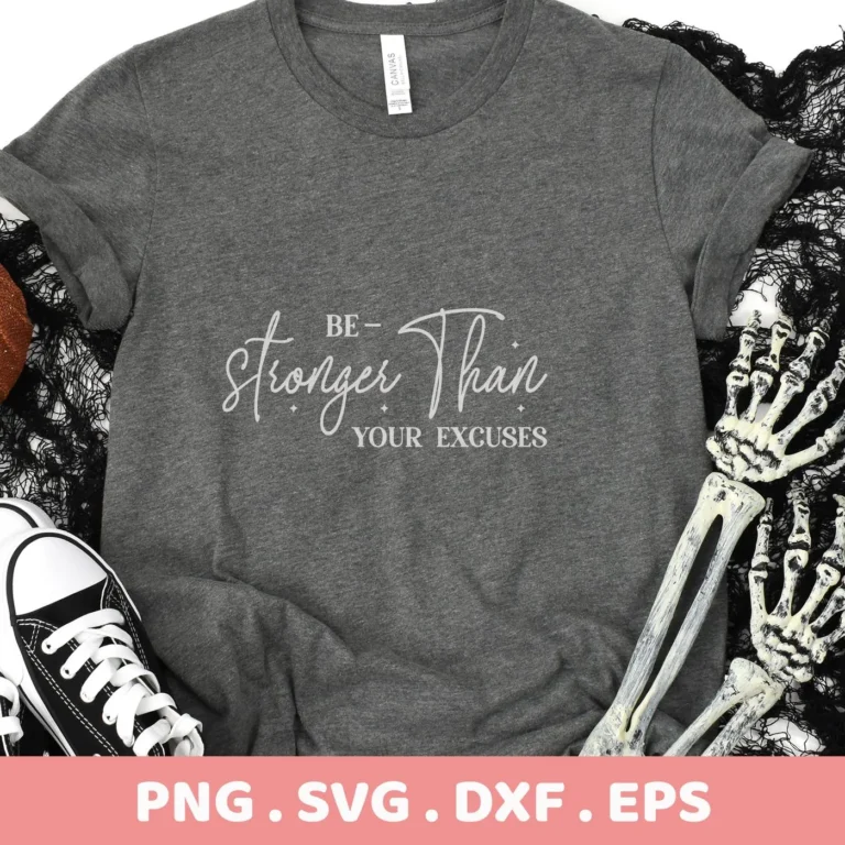 Gray t-shirt mockup with "Stronger Than SVG" quote, a digital design for Cricut, Silhouette, and other cutting machines.