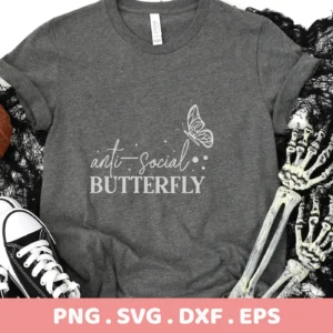 Gray t-shirt mockup featuring "Anti-Social SVG" butterfly design. Digital download for Cricut, Silhouette projects.